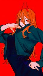 Rule 34 | 1girl, black shirt, chainsaw man, closed mouth, demon horns, dress shirt, eyelashes, hair between eyes, hands on own hips, highres, horns, jacket, long hair, long sleeves, looking at viewer, nose, orange hair, pecopecosupipi, power (chainsaw man), red background, red eyes, red horns, red theme, shirt, simple background, solo, upper body