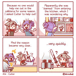 Rule 34 | 3girls, 4koma, :&lt;, ?, animal ears, apron, arknights, arrow (symbol), bad food, black apron, blue apron, bread, bread slice, bulletin board, burnt food, chibi, comic, commentary, counter, cutter (arknights), english commentary, english text, flying sweatdrops, food, fox ears, grey hair, hair ornament, hairband, hairclip, heavyrain (arknights), hibiscus (arknights), high five, highres, holding, holding ladle, horns, jacket, ladle, long hair, multiple girls, musical note, necktie, nervous sweating, open mouth, ponytail, poster (object), purple eyes, purple hair, red eyes, red shirt, shirt, short hair, sixteenth note, sleeveless, sleeveless shirt, stirring, striped clothes, striped hairband, surprised, sweat, sweatdrop, sword, toast, toaster, topknot, twitter username, weapon, wittle red, x hair ornament, you&#039;re doing it wrong, zebra ears, zebra girl