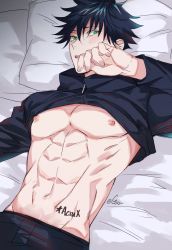 Rule 34 | 1boy, abs, bed, black hair, black hoodie, black pants, blush, clothes lift, commentary request, fushiguro megumi, green eyes, guuchun, hair between eyes, hand up, highres, hood, hoodie, hoodie lift, indoors, jujutsu kaisen, long sleeves, looking at viewer, lying, male focus, navel, nipples, on back, on bed, pants, pectorals, pillow, short hair, solo, spiked hair, star tattoo, stomach tattoo, tattoo, toned, toned male, zipper