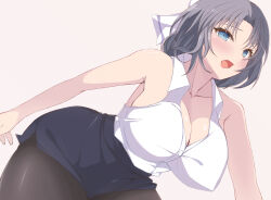 Rule 34 | 1girl, bare shoulders, bent over, black skirt, blue eyes, blush, breasts, chimunge, cleavage, collared shirt, facing viewer, from side, grey hair, hair ribbon, highres, large breasts, looking at viewer, medium hair, miniskirt, no bra, pantyhose, ribbon, senran kagura, senran kagura estival versus, senran kagura shinovi versus, shirt, simple background, skirt, sleeveless, sleeveless shirt, solo, surprised, white ribbon, white shirt, yumi (senran kagura)