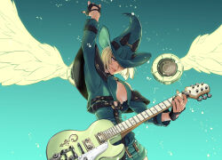 Rule 34 | 1girl, alternate color, angel wings, black gloves, black nails, blonde hair, blue eyes, breasts, cleavage, dress, electric guitar, feathered wings, fingerless gloves, gloves, green background, green dress, green headwear, guilty gear, guilty gear xrd, guitar, hat, highres, i-no, instrument, irene koh, large breasts, long sleeves, looking at viewer, medium hair, mole, mole above mouth, nail polish, pink eyes, short hair, smile, white wings, wings, witch hat