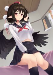 Rule 34 | 1girl, :/, alternate costume, bed, between legs, bird wings, black hair, black sailor collar, black skirt, black socks, black wings, blurry, blurry background, blush, bob cut, breasts, closed mouth, clothes, clothes hanger, collared shirt, commentary, disdain, dutch angle, feet out of frame, frilled skirt, frills, from below, half-closed eyes, hand between legs, hand in own hair, hand up, hat, highres, indoors, kanpa (campagne 9), kneehighs, knees together feet apart, laundry pole, leaf print, light blush, light particles, long sleeves, looking at viewer, looking down, maple leaf print, midriff peek, miniskirt, neckerchief, on bed, pleated skirt, pointy ears, pom pom (clothes), red eyes, red hat, red neckerchief, ruffling hair, sailor collar, school uniform, serafuku, shameimaru aya, shirt, short hair, short sleeves, sidelocks, sitting, skirt, small breasts, socks, solo, stomach, thighs, tokin hat, touhou, unworn clothes, white shirt, wings, wooden ceiling