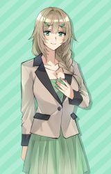 Rule 34 | 1girl, blazer, braid, breasts, brown hair, collarbone, dress, green dress, green eyes, hair ornament, hairclip, hand on own chest, highres, jacket, jewelry, long hair, long sleeves, looking at viewer, medium breasts, necklace, office lady, original, pendant, single braid, solo, somechime (sometime1209), standing