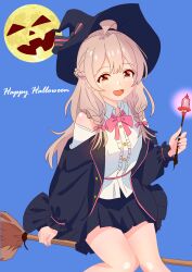 Rule 34 | 1girl, absurdres, ahoge, black jacket, black skirt, blouse, blue background, bow, bowtie, braid, broom, broom riding, brown eyes, center frills, clothing cutout, collared shirt, cursive, english text, french braid, frills, full moon, genderswap, genderswap (mtf), grey hair, hair ribbon, halloween, halloween costume, happy halloween, hat, highres, holding, holding wand, jacket, long hair, long sleeves, looking at viewer, miniskirt, moon, off-shoulder jacket, off shoulder, onii-chan wa oshimai!, open mouth, oyama mahiro, pa panahana, pink bow, pink bowtie, pink ribbon, pleated skirt, ribbon, shirt, shoulder cutout, simple background, skirt, smile, solo, twin braids, wand, white shirt, wing collar, witch hat