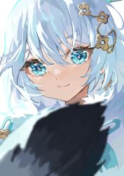 Rule 34 | 1girl, absurdres, blue eyes, blurry, blurry foreground, closed mouth, commentary request, depth of field, grey hair, hair between eyes, hair ornament, highres, honkai (series), honkai impact 3rd, looking at viewer, simple background, smile, solo, theresa apocalypse, upper body, white background, xinliu asato
