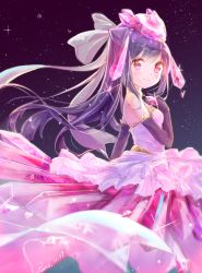Rule 34 | 1girl, black gloves, black hair, blush, bow, closed mouth, commentary request, creatures (company), crystal, dated, diancie, dress, elbow gloves, game freak, gen 6 pokemon, gloves, hair bow, highres, humanization, legendary pokemon, long hair, looking at viewer, looking to the side, mythical pokemon, night, night sky, nintendo, peas (peas0125), pink dress, pokemon, red eyes, signature, sky, smile, solo, star (sky), starry sky, strapless, strapless dress, very long hair, white bow