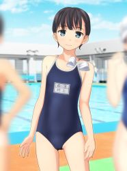 Rule 34 | 3girls, black hair, blue eyes, blue one-piece swimsuit, blue sky, blurry, cloud, commentary request, competition school swimsuit, competition swimsuit, contrapposto, cowboy shot, day, depth of field, flat chest, gluteal fold, highres, looking at viewer, multiple girls, name tag, object in clothes, object in swimsuit, one-piece swimsuit, original, outdoors, pool, school swimsuit, short hair, sky, smile, solo focus, unworn swim cap, swimsuit, takafumi
