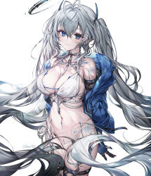 Rule 34 | 1girl, antenna hair, bare shoulders, between breasts, bikini, black eyes, blue eyes, blue jacket, breasts, choker, cleavage, closed mouth, cowboy shot, full-body tattoo, grey eyes, grey hair, heterochromia, highres, jacket, komeshiro kasu, large breasts, long hair, looking at viewer, multi-strapped bikini bottom, multi-strapped bikini top, navel, off shoulder, open clothes, open jacket, original, pointy ears, shoulder tattoo, side-tie bikini bottom, smile, solo, standing, stomach, string bikini, swimsuit, tattoo, thigh strap, twintails, very long hair, white bikini, white choker, white hair