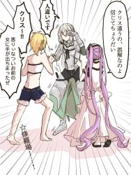 Rule 34 | 1boy, 2girls, absurdly long hair, armor, bad id, bad twitter id, bare shoulders, bedivere (fate), braid, choker, damemoto 000, dress, fate/grand order, fate (series), french braid, gauntlets, grey hair, hairband, lolita hairband, long hair, looking at another, mordred (fate), mordred (fate/apocrypha), multiple girls, ponytail, purple hair, shorts, stheno (fate), torn clothes, torn shorts, translation request, twintails, very long hair, white dress