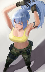 Rule 34 | 1girl, absurdres, adjusting hair, arms up, bare shoulders, blue eyes, blue hair, boots, breasts, camouflage, camouflage pants, earrings, from above, gloves, highres, jewelry, leona heidern, looking at viewer, midriff, navel, pants, ponytail, saegusa izu, solo, tank top, the king of fighters, the king of fighters xv, triangle earrings