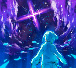 Rule 34 | 1boy, androgynous, bob cut, explosion, fate/zero, fate (series), from behind, looking up, male focus, night, night sky, shouno, sky, star (sky), starry sky, sweater, waver velvet