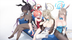 Rule 34 | 4girls, akane (blue archive), akane (bunny) (blue archive), animal ears, aqua bow, aqua bowtie, asuna (blue archive), asuna (bunny) (blue archive), black-framed eyewear, black pantyhose, blue archive, blush, bow, bowtie, braid, breasts, cleaning &amp; clearing (blue archive), cleavage, couch, crossed legs, detached collar, fake animal ears, fishnet pantyhose, fishnets, flat chest, glasses, gloves, gulim, halo, highres, jacket, karin (blue archive), karin (bunny) (blue archive), large breasts, leotard, long hair, looking at viewer, mole, mole on breast, multiple girls, neru (blue archive), neru (bunny) (blue archive), official alternate costume, on couch, pantyhose, plaid shawl, playboy bunny, rabbit ears, red bow, red bowtie, shawl, simple background, sitting, smile, strapless, strapless leotard, sukajan, very long hair, white background, white gloves, white pantyhose