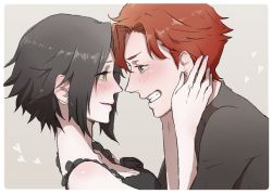 Rule 34 | 1boy, 1girl, baccano!, bad id, bad pixiv id, black hair, chane laforet, claire stanfield, couple, eye contact, grin, hand on another&#039;s face, hetero, looking at another, nakumonaga uma, red hair, short hair, sketch, smile, yellow eyes