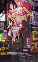 Rule 34 | 1girl, absurdres, akai haato, bandaid, bandaid on leg, black thighhighs, blonde hair, blue eyes, breasts, caution tape, character name, cleavage, guitar case, haaton (akai haato), headphones, headphones around neck, highres, hololive, id card, instrument case, jacket, long hair, long sleeves, makinan, medium breasts, open clothes, open jacket, short twintails, sign, solo, standing, suitcase, thighhighs, twintails, virtual youtuber, visor cap, zipper pull tab