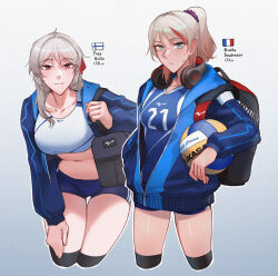 2girls absurdres bag ball beats_by_dr._dre blonde_hair blue_eyes breasts collarbone commentary dangodes english_commentary finnish_flag french_flag hair_between_eyes hand_on_own_thigh headphones headphones_around_neck highres holding holding_ball jacket large_breasts leaning_forward light_blush long_hair long_sleeves looking_at_viewer midriff mole mole_under_mouth multiple_girls navel open_clothes open_jacket original ponytail purple_scrunchie red_eyes red_ribbon ribbon scrunchie short_hair short_shorts shorts shoulder_bag simple_background small_breasts smile sportswear tank_top thigh_gap thighhighs volleyball volleyball_uniform white_tank_top