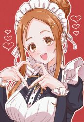 Rule 34 | 1girl, :d, absurdres, apron, black dress, bleach, bleach: brave souls, dress, hair bun, hair ornament, hairclip, heart, heart hands, highres, inoue orihime, looking at viewer, maid, maid apron, maid headdress, open mouth, orange eyes, orange hair, red background, rinner373, smile, solo, teeth, upper body, upper teeth only