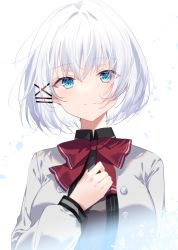Rule 34 | 1girl, blue eyes, blush, bow, bowtie, breasts, closed mouth, commentary request, hair ornament, hairclip, hand on own chest, large breasts, long sleeves, looking at viewer, myusha, petals, red bow, red bowtie, short hair, siesta (tantei wa mou shindeiru), silver hair, simple background, smile, solo, tantei wa mou shindeiru, uniform, upper body, white background, x hair ornament