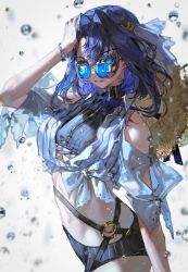 Rule 34 | 1girl, blue eyes, blue hair, bow, bow earrings, bracelet, breasts, cropped legs, detached sleeves, earrings, glasses, hair intakes, hair ornament, hat, highres, hololive, hololive english, jewelry, looking at viewer, multicolored hair, o-ring, ouro kronii, quasarcake, short hair, smile, solo, virtual youtuber, water drop, wet, zipper
