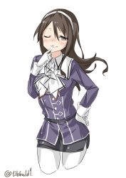 Rule 34 | 10s, 1girl, ashigara (kancolle), bad id, bad twitter id, belt, black eyes, black skirt, breasts, brown hair, closed mouth, cowboy shot, cropped jacket, ebifurya, eyebrows, gloves, hair between eyes, hairband, hand on own hip, hand up, highres, inactive account, index finger raised, kantai collection, long hair, long sleeves, looking at viewer, medium breasts, neckerchief, one eye closed, pantyhose, simple background, skirt, smile, solo, twitter username, white background, white gloves, white pantyhose