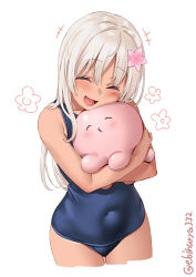 Rule 34 | 1girl, ^ ^, bare arms, bare shoulders, blonde hair, blue one-piece swimsuit, blush, closed eyes, commentary, covered navel, cowboy shot, cropped legs, ebifurya, flower, hair between eyes, hair flower, hair ornament, highres, hug, kantai collection, long hair, o3o, octopus, old school swimsuit, one-piece swimsuit, one-piece tan, open mouth, ro-500 (kancolle), school swimsuit, simple background, smile, solo, swimsuit, swimsuit under clothes, symbol-only commentary, takopii no genzai, tan, tanline, twitter username, white background