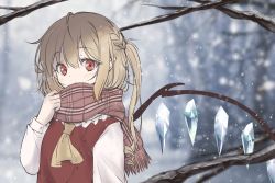 Rule 34 | 1girl, blonde hair, blurry, blurry background, blush, commentary request, depth of field, flandre scarlet, hair between eyes, hand up, haruki (colorful macaron), long sleeves, looking at viewer, no headwear, one side up, outdoors, red eyes, red vest, scarf, scarf over mouth, side ponytail, snow, snowing, solo, touhou, tree, upper body, vest, wings, winter, yellow neckwear