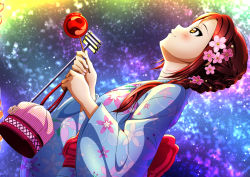 Rule 34 | 1girl, absurdres, alternate hairstyle, aqua kimono, artist name, artist request, back bow, blush, bow, brown eyes, brown hair, candy apple, cloud, female focus, flower, flower print, food, hair flower, hair ornament, hair over shoulder, highres, holding, isami don, japanese clothes, kimono, long hair, looking at viewer, looking back, love live!, love live! sunshine!!, night, night sky, outdoors, parted lips, pink flower, red bow, red hair, sakurauchi riko, sky, smile, solo, star (sky), yellow eyes