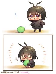 Rule 34 | !, 1girl, 2koma, ant girl, antennae, arthropod girl, black dress, brown hair, chibi, comic, commentary, commentary request, dress, food, fruit, grapes, harumina mau, highres, hug, long sleeves, open mouth, original, short hair, simple background, squatting, translation request, white background