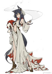 Rule 34 | 1girl, alternate costume, animal ears, arknights, ben yuan dan da, black hair, bouquet, cigarette, collar, colored inner hair, detached collar, dress, flower, full body, gold footwear, hair ornament, high heels, highres, holding, holding bouquet, holding cigarette, long hair, looking at viewer, midriff, multicolored hair, navel, red flower, red hair, simple background, sketch, smoke, solo, standing, tail, texas (arknights), unfinished, weibo watermark, white background, white collar, white dress, wolf ears, wolf girl, wolf tail, yellow eyes