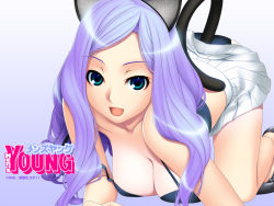 Rule 34 | 1girl, all fours, animal ears, blue eyes, breasts, cat ears, cat tail, cleavage, high heels, ino (magloid), long hair, looking at viewer, men&#039;s young, open mouth, pumps, purple hair, skirt, solo, swimsuit, tail, tan, tanline, wallpaper