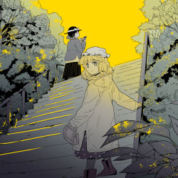 Rule 34 | 2girls, bag, black hair, blonde hair, boots, bow, bush, cellphone, closed mouth, coat, commentary, hand on railing, handbag, hat, hat bow, highres, holding, holding bag, holding phone, hood, jacket, kinosaki, limited palette, looking at phone, looking at viewer, looking back, maribel hearn, medium hair, mob cap, multiple girls, outdoors, phone, railing, rash, skirt, smile, stairs, touhou, tree, usami renko