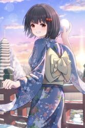 Rule 34 | 1girl, absurdres, aiming, aiming at viewer, black hair, blue kimono, bow, dawn, floral print kimono, gradient sky, grin, hair bow, hibike! euphonium, highres, hisaishi kanade, holding snowball, huge bow, japanese clothes, kimono, looking at viewer, mikoso yuri, obi, outdoors, red bow, red eyes, sash, short hair, sky, smile, snowman, solo, sunrise, white bow, wide sleeves, winter