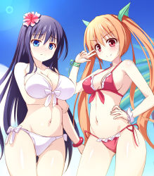 Rule 34 | 2girls, arm under breasts, bare shoulders, bikini, black hair, blue eyes, blue sky, blush, breast hold, breasts, brown hair, cleavage, closed mouth, cloud, day, flower, gluteal fold, green ribbon, hair flower, hair ornament, hair ribbon, hand on own hip, hand up, highres, large breasts, long hair, medium breasts, multiple girls, naoki (endofcentury102), navel, nose blush, original, outdoors, palm tree, red bikini, red eyes, red flower, ribbon, side-tie bikini bottom, sky, smile, swimsuit, thigh gap, tree, twintails, v, very long hair, white bikini