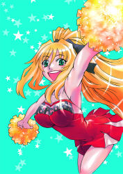 Rule 34 | 1girl, breasts, cheerleader, dress, green eyes, hoshino kouichirou, impossible clothes, lisa vayu, long hair, open mouth, pom pom (cheerleading), ponytail, popcorn avatar, red dress, smile, solo, star (symbol)