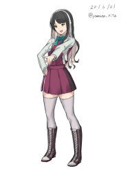 Rule 34 | 1girl, black hair, blazer, boots, cross-laced footwear, dated, full body, grey thighhighs, hair down, hairband, halterneck, highres, jacket, kantai collection, lace-up boots, long hair, multicolored hair, naganami (kancolle), naganami kai ni (kancolle), pink hair, simple background, solo, thighhighs, twitter username, two-tone hair, wavy hair, white background, white hairband, yamano rita