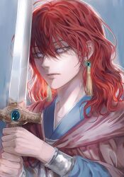 Rule 34 | 1girl, absurdres, akatsuki no yona, closed mouth, earrings, highres, holding, holding sword, holding weapon, jewelry, medium hair, purple eyes, red hair, solo, soowon 01, sword, tassel, tassel earrings, weapon, yona (akatsuki no yona)