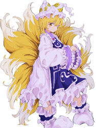 Rule 34 | 1girl, absurdres, animal ears, animal hat, blonde hair, blush stickers, collar, commentary, dress, fang, fox ears, fox tail, frilled collar, frilled sleeves, frills, hands in opposite sleeves, hat, highres, kitsune, kyuubi, looking at viewer, mob cap, mugi (mugimugi 9kv), multiple tails, short hair, solo, tabard, tail, talisman, tassel hat ornament, touhou, white background, wide sleeves, yakumo ran