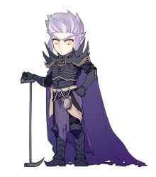 Rule 34 | 1boy, armor, breastplate, cape, closed mouth, frown, full body, gauntlets, greaves, hammer, highres, holding, holding weapon, long eyebrows, maiucal, male focus, pathfinder, pauldrons, purple cape, purple hair, regill (pathfinder), short hair, shoulder armor, simple background, solo, spiked pauldrons, standing, v-shaped eyebrows, weapon, white background, yellow eyes