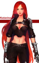 Rule 34 | 1girl, belt, black pants, breasts, character name, cleavage, gloves, green eyes, holding, holding weapon, jacket, katarina (league of legends), league of legends, long hair, long sleeves, looking at viewer, midriff, navel, pants, red hair, scar, solo, very long hair, weapon, yy6242