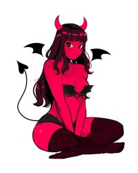 Rule 34 | 1girl, blunt bangs, breasts, brown hair, colored skin, demon, demon tail, demon wings, heart, heart-shaped pupils, highres, long hair, looking to the side, lotus position, medium breasts, miaormoa, navel, original, red skin, simple background, sitting, smile, solo, symbol-shaped pupils, tail, thighhighs, thighs, white background, wings