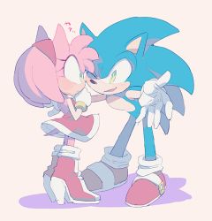 Rule 34 | 1boy, 1girl, amy rose, animal nose, aoki (fumomo), blush, boots, dress, furry, gloves, green eyes, hairband, one eye closed, red dress, shoes, simple background, sneakers, sonic (series), sonic the hedgehog, tail