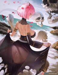Rule 34 | 1girl, armlet, ass, bare shoulders, black dress, black thighhighs, blush, bob cut, breasts, detached sleeves, dress, falling petals, flower, greatodoggo, hair flower, hair ornament, highres, holding, hololive, hololive english, large breasts, long dress, long sleeves, looking at viewer, mori calliope, ocean, outdoors, petals, pink hair, red eyes, shore, short hair, skull, sky, solo, strapless, strapless dress, thighhighs, thighs, torn clothes, torn dress, virtual youtuber, water