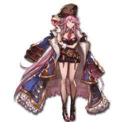Rule 34 | 10s, 1girl, belt, blue eyes, boots, christina (granblue fantasy), coat, cup, cupping glass, dress, frills, full body, granblue fantasy, hat, holding, long hair, looking at viewer, minaba hideo, necktie, official art, one eye closed, pink hair, short dress, smile, solo, transparent background, very long hair, wrist cuffs