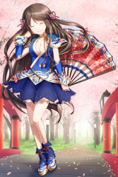 Rule 34 | 1girl, blue footwear, blue ribbon, blue shirt, blue skirt, blue sleeves, breasts, bridge, brown hair, choker, cleavage, closed eyes, closed mouth, commentary request, day, detached sleeves, floral print, flower, folding fan, forest, full body, hair flower, hair ornament, hair ribbon, hand fan, hand in own hair, holding, holding fan, large breasts, long hair, natsuya (kuttuki), nature, outdoors, pink flower, ribbon, shirt, shoes, skirt, smile, solo, tree, venus blade, very long hair, walking