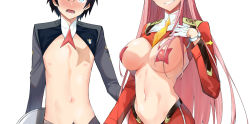 Rule 34 | 1boy, 1girl, adapted costume, black hair, blue eyes, blush, chicke iii, cropped, darling in the franxx, gloves, highres, hiro (darling in the franxx), long hair, meme attire, navel, nipples, pasties, pink hair, revealing clothes, reverse bunnysuit, reverse outfit, scar, scar on chest, shrug (clothing), simple background, smile, stomach, toned, white background, white gloves, yellow neckwear, zero two (darling in the franxx)