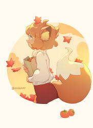 Rule 34 | 1girl, animal ears, brown hair, food, fox ears, fox girl, fox tail, fruit, green eyes, highres, holding, leaf, orange (fruit), profile, ruoshui (the legend of luoxiaohei), shadow, short hair, smile, solo, suncle, sweater, tail, luo xiaohei zhanji, twitter username, upper body, white sweater