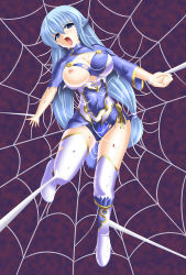 Rule 34 | 1girl, absurdres, bdsm, blood, blue eyes, blue hair, blue lotus (flower knight girl), blush, bondage, boots, bound, breasts, bruise, cleavage, cuts, flower knight girl, hair tubes, highres, injury, large breasts, long hair, looking at viewer, nipples, open mouth, panties, restrained, shiny clothes, shiny skin, silk, solo, spider web, tears, thigh boots, thighhighs, tongue, torn clothes, torn thighhighs, underwear, very long hair, yakkey