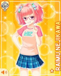 Rule 34 | 1girl, asymmetrical legwear, character name, closed mouth, english text, girlfriend (kari), glasses, hair ornament, looking at viewer, medium hair, mismatched legwear, nejikawa raimu, official art, pink hair, plaid, plaid skirt, pointing, pointing up, purple eyes, qp:flapper, robot, roller skates, shoes, skates, skirt, smile, sneakers, solo, standing, tagme, teeth, tool, twintails, yellow background