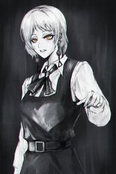 Rule 34 | 1girl, absurdres, black ribbon, chainsaw man, collared shirt, earrings, fami (chainsaw man), grey background, highres, jewelry, looking at viewer, mole, mole under eye, monochrome, multiple moles, pointing, pointing at viewer, ribbon, ringed eyes, shirt, short hair, simple background, solo, spot color, tassel, tassel earrings, white hair, white shirt, yellow eyes, zer0.zer0