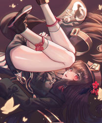Rule 34 | 1girl, absurdres, black headwear, black shorts, blush, brown hair, bug, butterfly, chinese clothes, domi (hongsung0819), flower, genshin impact, highres, hu tao (genshin impact), huge filesize, insect, legs, long hair, long sleeves, looking at viewer, open mouth, red eyes, red flower, shoes, short shorts, shorts, smile, socks, solo, symbol-shaped pupils, thighs, upside-down, very long hair