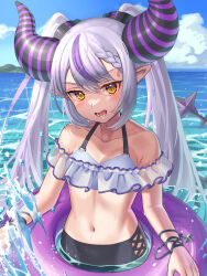 Rule 34 | 1girl, absurdres, alternate costume, blush, breasts, fang, highres, hololive, horns, imahuku, innertube, la+ darknesss, navel, partially submerged, pointy ears, small breasts, smile, swim ring, swimsuit, twintails, virtual youtuber, water, water drop, wet, white hair, yellow eyes